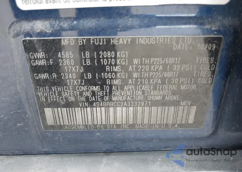 2010 Subaru Outback 2.5I Premium z USA, uszkodzony, nr VIN 4S4BRBCC2A3332971